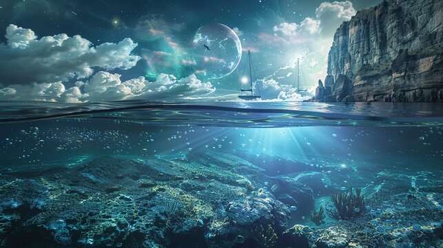 Digital Art and Renderings: Fully digital creations or heavily edited photos that present a more fantastical or surreal take on ocean themes.