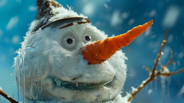 Closeup of a melting snowman, carrot nose slipping, under the intense heat, set against a vivid blue backdrop