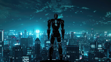 Artificial Intelligence Robot standing tall amidst a futuristic cityscape defending against cyber attacks with force fields 3D Render Silhouette lighting HDR