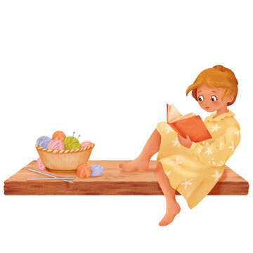 recommend clip art: A composition depicting a girl sitting and reading a knitting book. A basket filled with multicolored yarn skeins rests on a wooden windowsill, accompanied by a cup of tea or coffee. Watercolor
