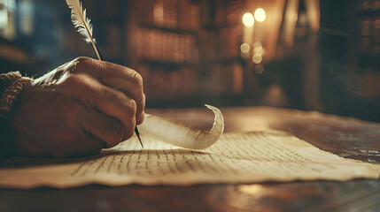 Writing on parchment materials, writing on papyrus, medieval invention, old art of cursive, script quill writing,  writing the holy scriptures in ancient times,  - obrazy, fototapety, plakaty