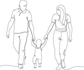Continuous one line drawing. Happy family father and mother with children. Hand-drawn without artificial intelligence
