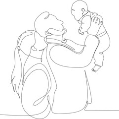 Continuous one line drawing. Happy family father and mother with children. Hand-drawn without artificial intelligence
