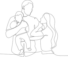 Continuous one line drawing. Happy family father and mother with children. Hand-drawn without artificial intelligence
