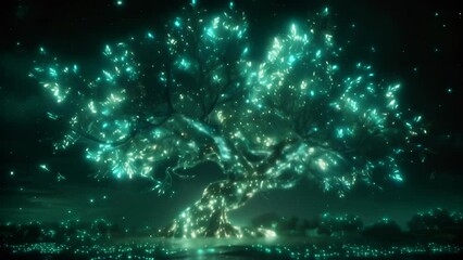 Solitary tree emanating a dazzling glow amidst pitch darkness. Myriad luminescent particles coating its leaves seem to embody the essence of life energy. 