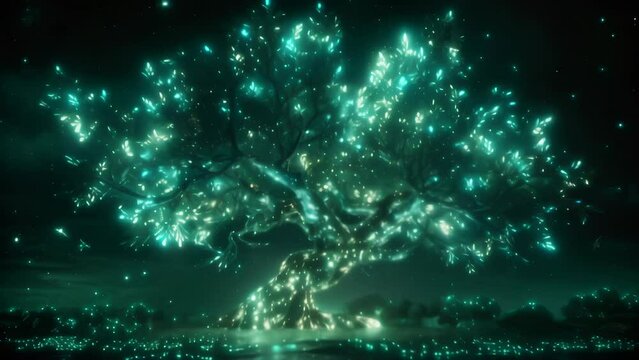 Solitary tree emanating a dazzling glow amidst pitch darkness. Myriad luminescent particles coating its leaves seem to embody the essence of life energy. 