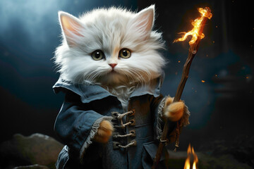 A white kitten in a wizard hat, casting tiny spells with a wand on a white background.