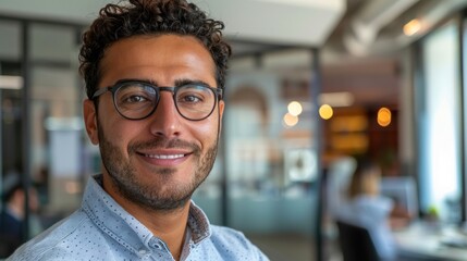 Close-up portrait of a successful young Egyptian man in standing office. Smiling male entrepreneur with eyeglasses standing at startup looking at camera.