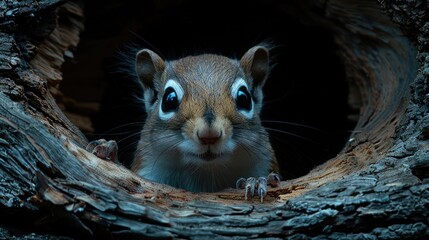 Obraz premium Southern Flying Squirrel Curled Up in a Hollow Tree Trunk, Its Large Eyes Peering Out inquisitively.