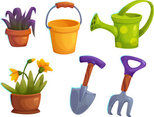 Greenhouse garden rake, shovel and flower nursery vector tool icon. Isolated bucket, spade and flowerpot for care and cultivation hobby collection. Agronomy interior object props set for game