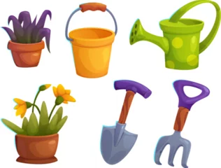 Deurstickers Greenhouse garden rake, shovel and flower nursery vector tool icon. Isolated bucket, spade and flowerpot for care and cultivation hobby collection. Agronomy interior object props set for game © klyaksun