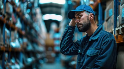 Fototapeta premium Tired worker holding his head in pain while working in a distribution warehouse