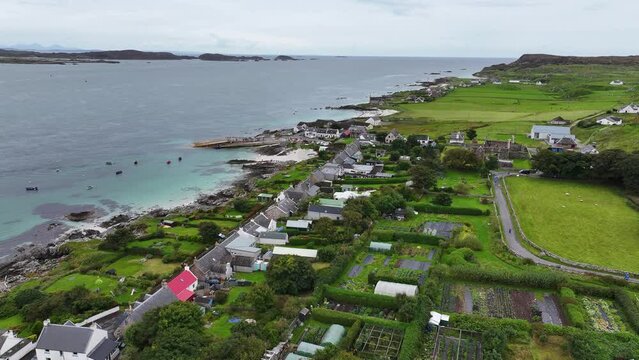 Aerial View of Iona, Isle of Mull Scotland UK Seafront Homes, Stone Houses and Green Landscape