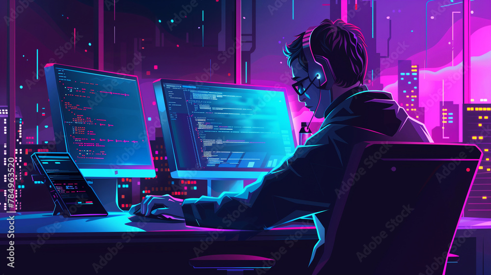 Poster professional hacker or cyber security expert working on computer