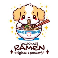 Art Illustration of mascot eating Ramen, cartoon puppy eating ramen funny cute 
