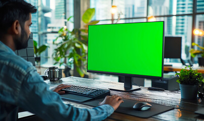 Indian Financial Analyst Researching Investments on Computer with Green Screen Mock Up Display