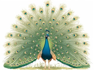 Fototapeta premium Peacocks displaying their plumage 2D watercolor illustration isolated on white background.