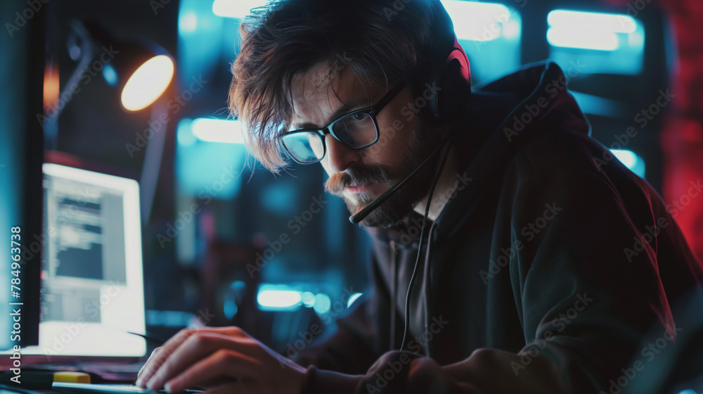 Poster professional hacker or cyber security expert working on computer