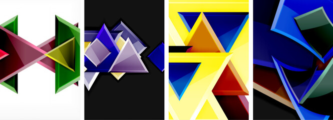 A series of four colorful triangles arranged in a row, featuring yellow, electric blue, and other vibrant hues, creating a visually appealing pattern with symmetry and modern art aesthetics