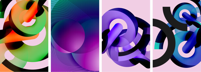 The collage features four vibrant images in purple, violet, magenta, and electric blue, forming a pattern of circles and rectangles with the letter s in the center