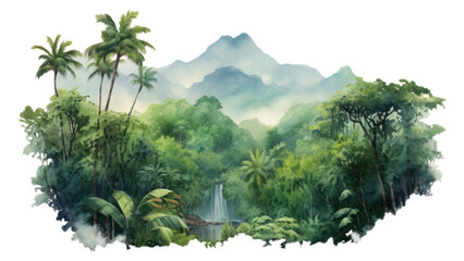 PNG watercolor illustration of rainforest, isolated on a white paper background