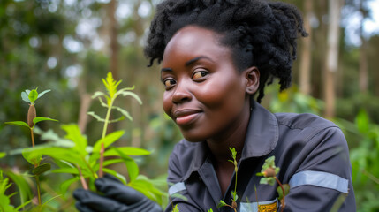 Naklejka premium Young African female botanist with a warm smile engaging in environmental research among lush greenery.