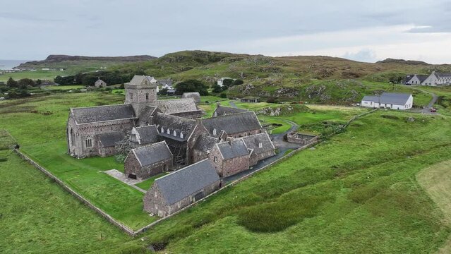 Aerial View of Iona Abbey and Nunnery, Ancient Monastery and Landmark of Isle of Mull, Scotland UK
