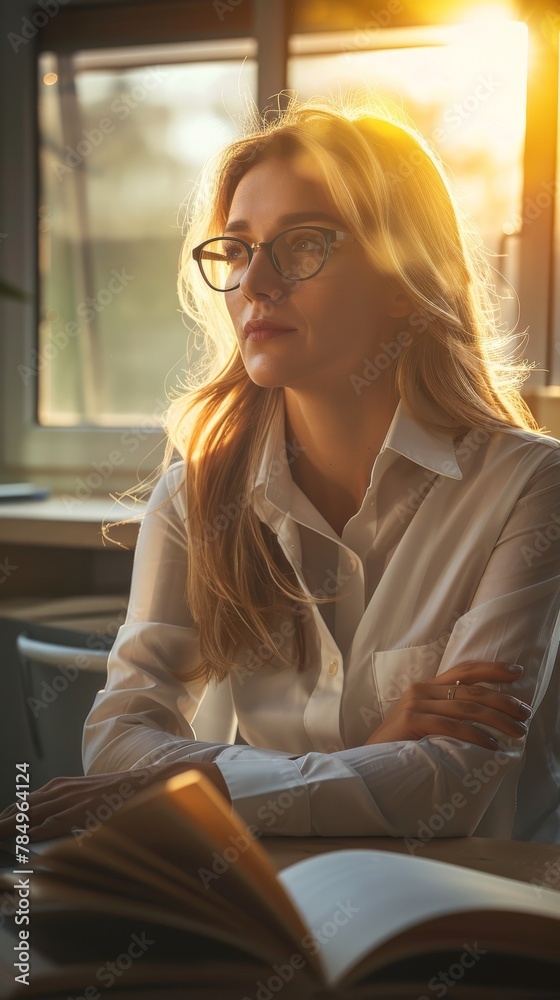 Poster a woman is seated at a table, reading an open book in a cozy indoor setting. she appears focused and