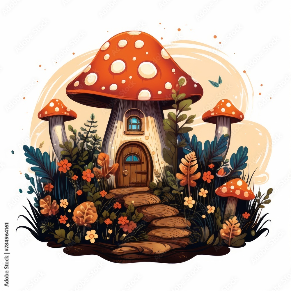 Poster generative ai an enchanting cottage adorned with fairy lights and surrounded by whimsical mushrooms.