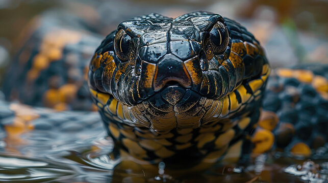 Forest Cobra Swimming Silently through the Murky Waters of a Swamp, Its Eyes Glowing with a Fierce Intelligence.