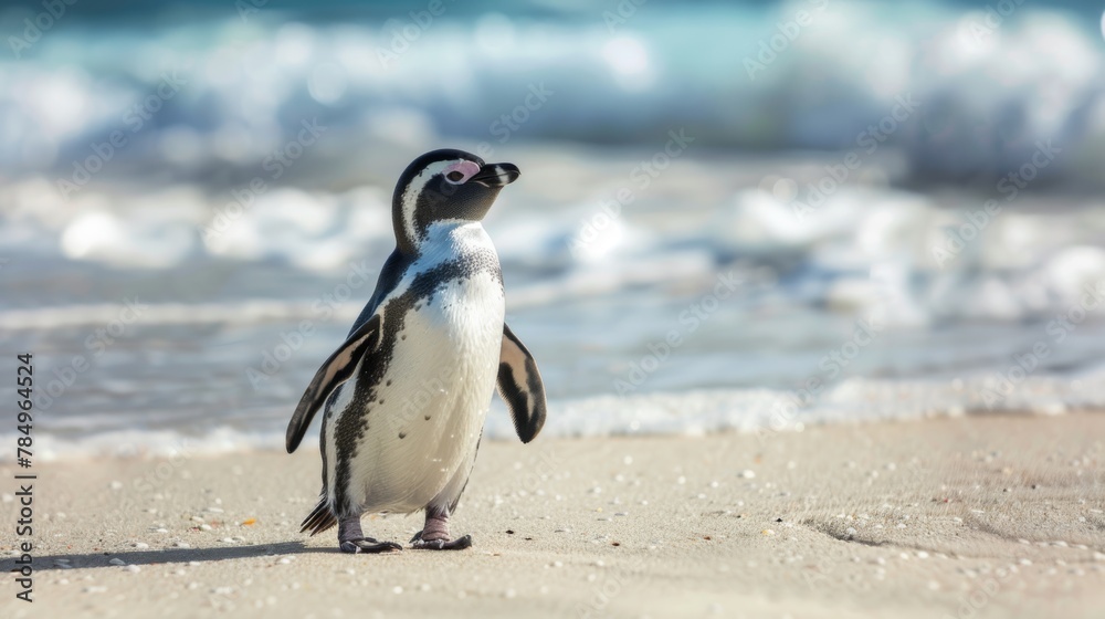 Poster A Little Penguin is standing on a sandy beach next to the ocean, with waves gently rolling in the background. The penguin is looking around its surroundings, possibly contemplating its next move.