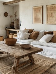 Cozy Rustic Living Room Interior with Textured Walls and Wooden Furniture