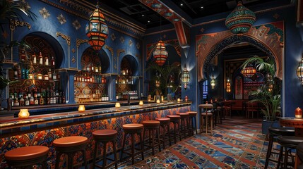 Ornate Middle Eastern Style Bar Interior with Patterned Decor - obrazy, fototapety, plakaty
