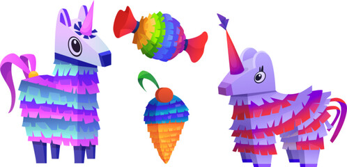 Mexican pinata game icon for birthday party vector. Mexico carnival candy game for holiday. Isolated icecream and unicorn traditional paper gift set. Festival handcraft toys with sweets collection - obrazy, fototapety, plakaty