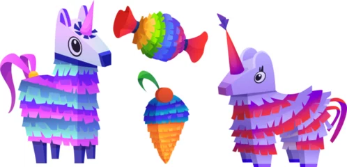 Rolgordijnen Mexican pinata game icon for birthday party vector. Mexico carnival candy game for holiday. Isolated icecream and unicorn traditional paper gift set. Festival handcraft toys with sweets collection © klyaksun