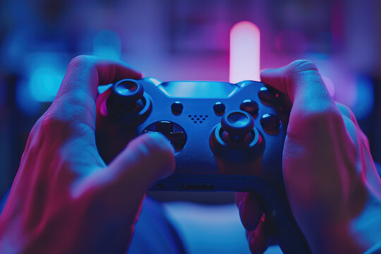 Close-up of hands holding a game controller with glowing lights in the background.