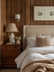 Elegant Bedroom Interior with Wooden Paneling and Cozy Bedding