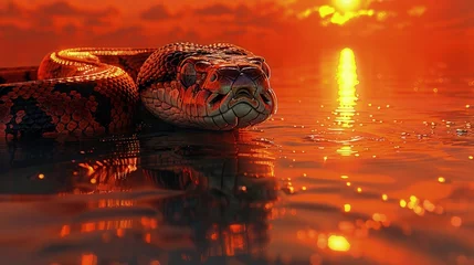 Fotobehang Indian Python Basking in the Warm Glow of the Setting Sun, Casting a Serene Silhouette Against the Horizon. © pengedarseni