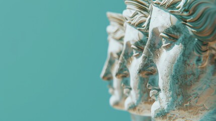 Classical ancient marble gypsum stoic, roman, greek bust, busts head sculpture against a colored background representing historical figures  - obrazy, fototapety, plakaty