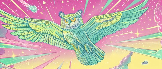 An owl flying under a random, auroralit sky, silent wings, and vivid colors