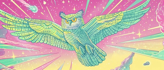 Obraz premium An owl flying under a random, auroralit sky, silent wings, and vivid colors
