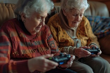 Two elderly women focused on playing video games, highlighting leisure and cross-generational gaming.