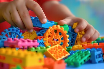 Child's hands building with colorful interlocking plastic bricks.