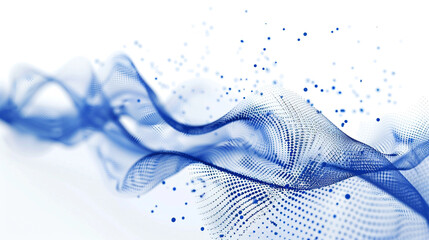 An elegant cascade of royal blue dots creating a wave-like 3D curve halftone pattern, set against a white background. In concept of technology, science, music, Generative.