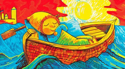 Babys serene sleep in a random, drifting rowboat, dreams on gentle waves
