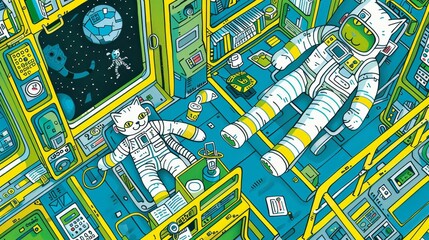 Cats lounging in a random, zerogravity chamber, floating feline astronauts