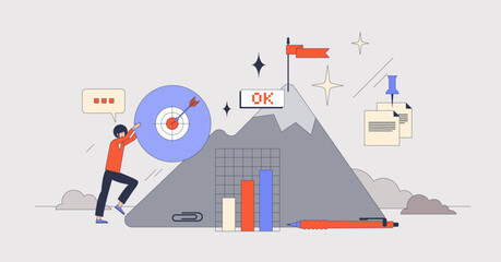 Workplace motivation and successful progress neubrutalism tiny person concept. Career development and growth with inspiration, empowerment and determination vector illustration. Performance award.