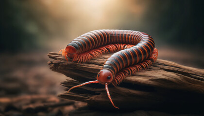 Millipedes with segmented bodies showing shades of red and brown. perched on an old log