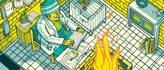 Doctor sitting at a random, cozy fireplace, journaling discoveries and reflections in medicine