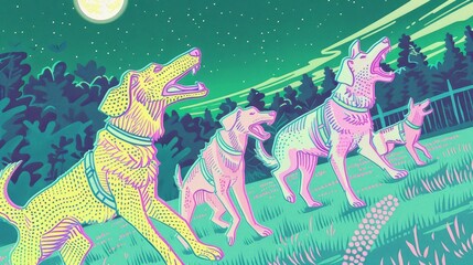 Dogs competing in a random, moonlit howling contest, nights melodious barkoff